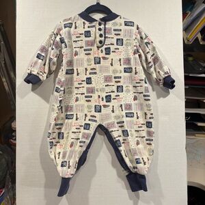 Rare OshKosh B'gosh Cream and Navy Train Patterned Romper